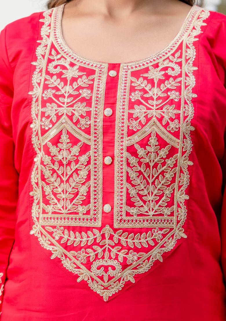 Red Embroidered Silk Blend Kurta Set - Indya
