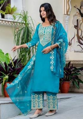 Blue Embroidered Silk Blend Kurta Set