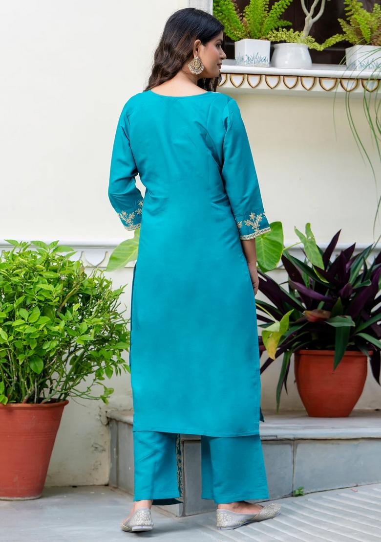 Blue Embroidered Silk Blend Kurta Set - Indya