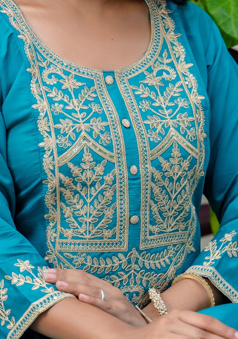 Blue Embroidered Silk Blend Kurta Set - Indya