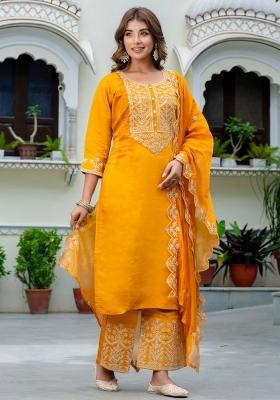 Yellow Embroidered Silk Blend Kurta Set