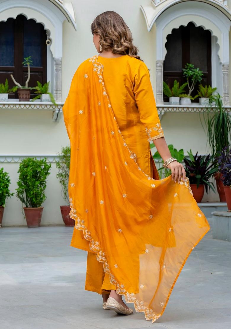 Yellow Embroidered Silk Blend Kurta Set - Indya