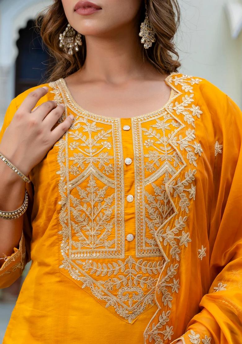 Yellow Embroidered Silk Blend Kurta Set - Indya