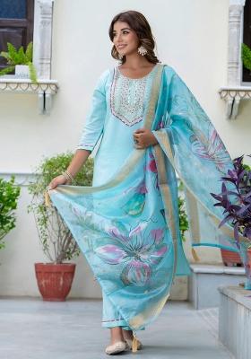 Blue Embroidered Silk Blend Kurta Set
