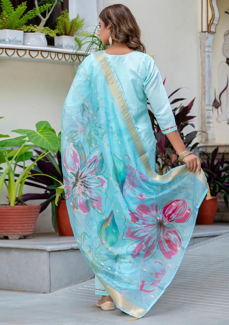 Blue Embroidered Silk Blend Kurta Set - Indya