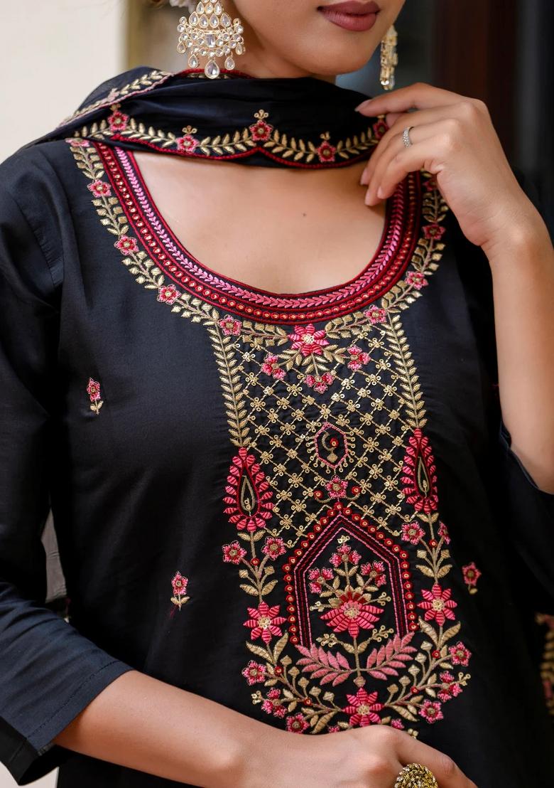 Black Embroidered Silk Blend Kurta Set - Indya