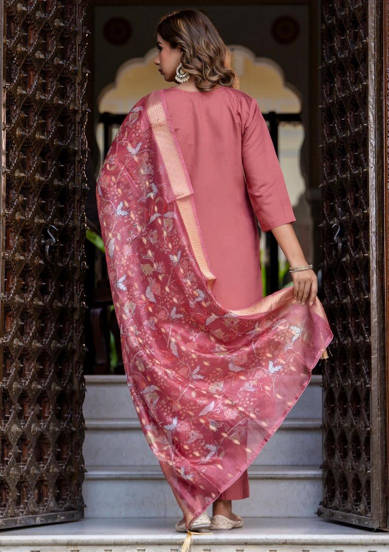Pink Embroidered Silk Blend Kurta Set - Indya