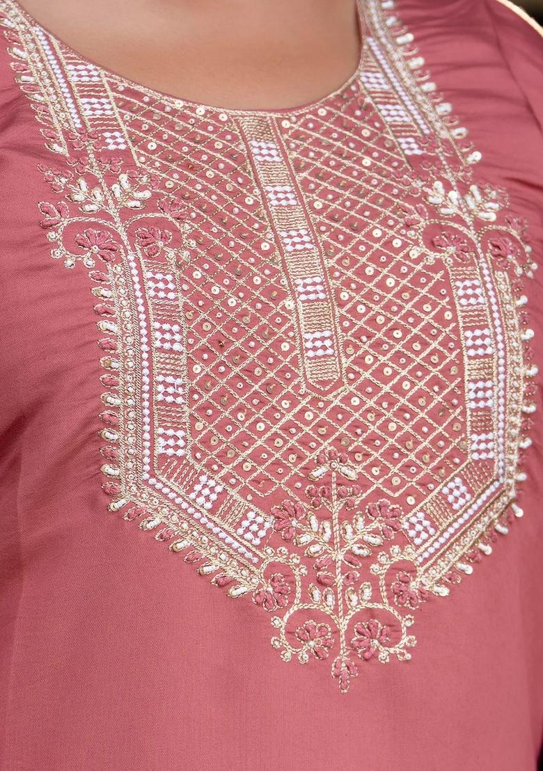 Pink Embroidered Silk Blend Kurta Set - Indya