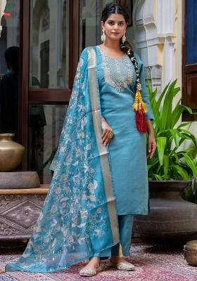Blue Embroidered Silk Blend Kurta Set