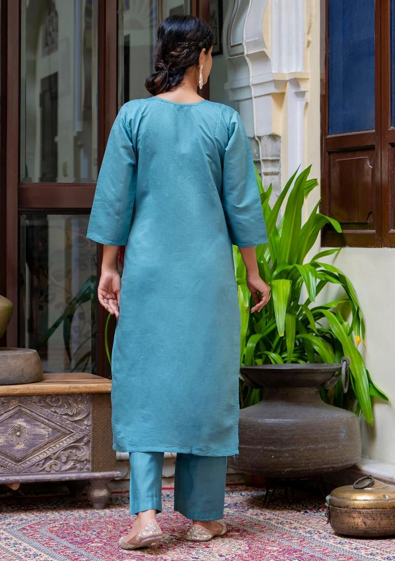 Blue Embroidered Silk Blend Kurta Set - Indya