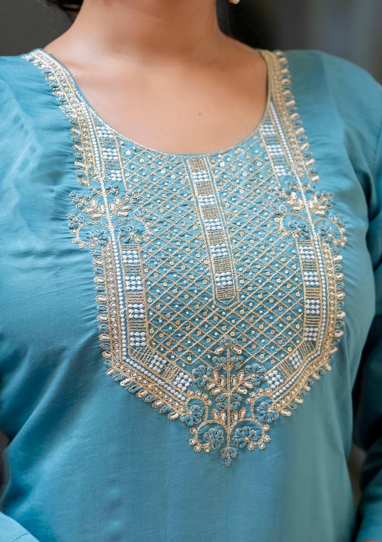 Blue Embroidered Silk Blend Kurta Set - Indya