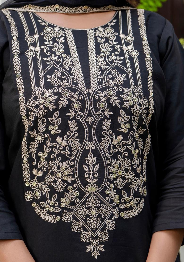 Black Embroidered Silk Blend Kurta Set - Indya