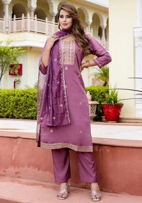 Purple Embroidered Silk Blend Kurta Set