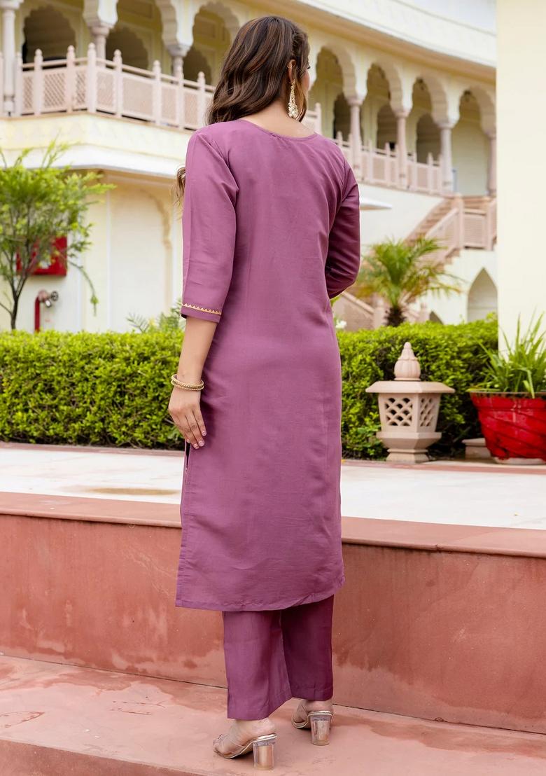 Purple Embroidered Silk Blend Kurta Set - Indya