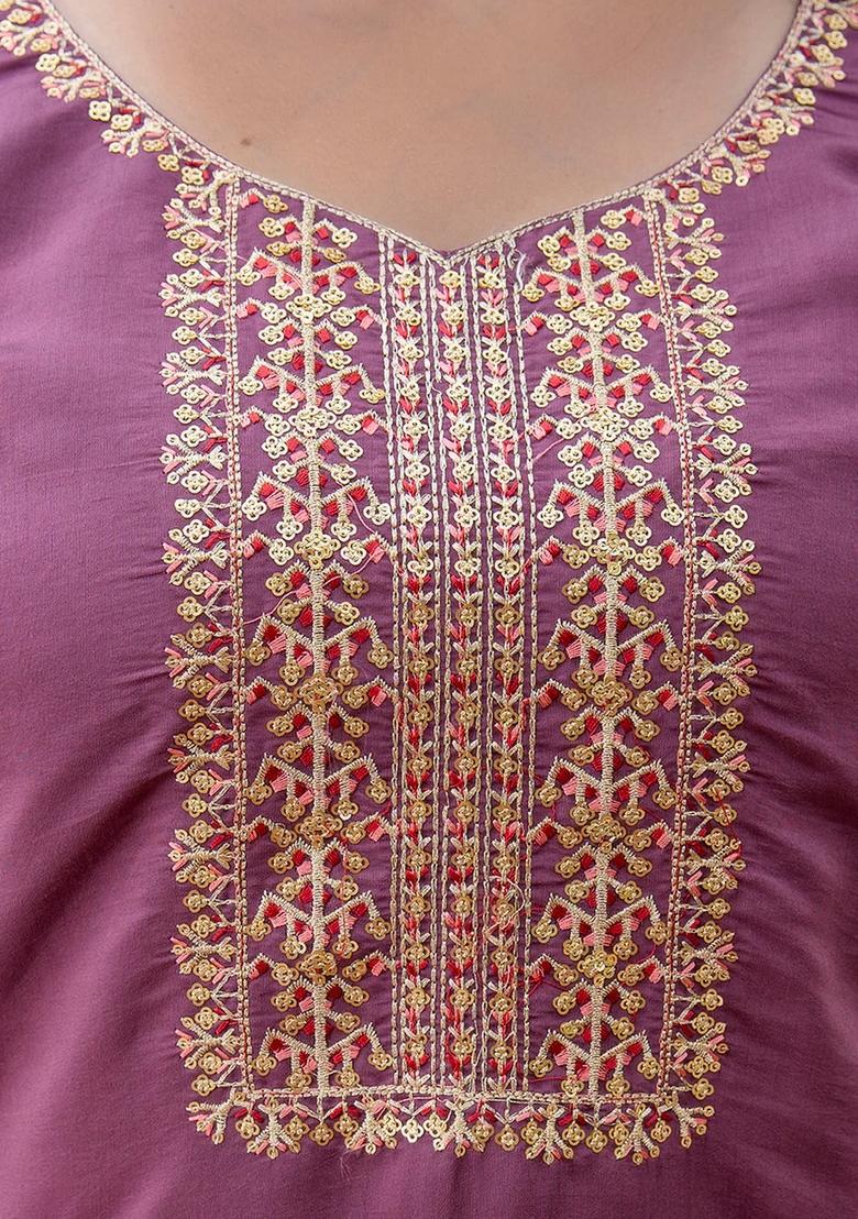 Purple Embroidered Silk Blend Kurta Set - Indya