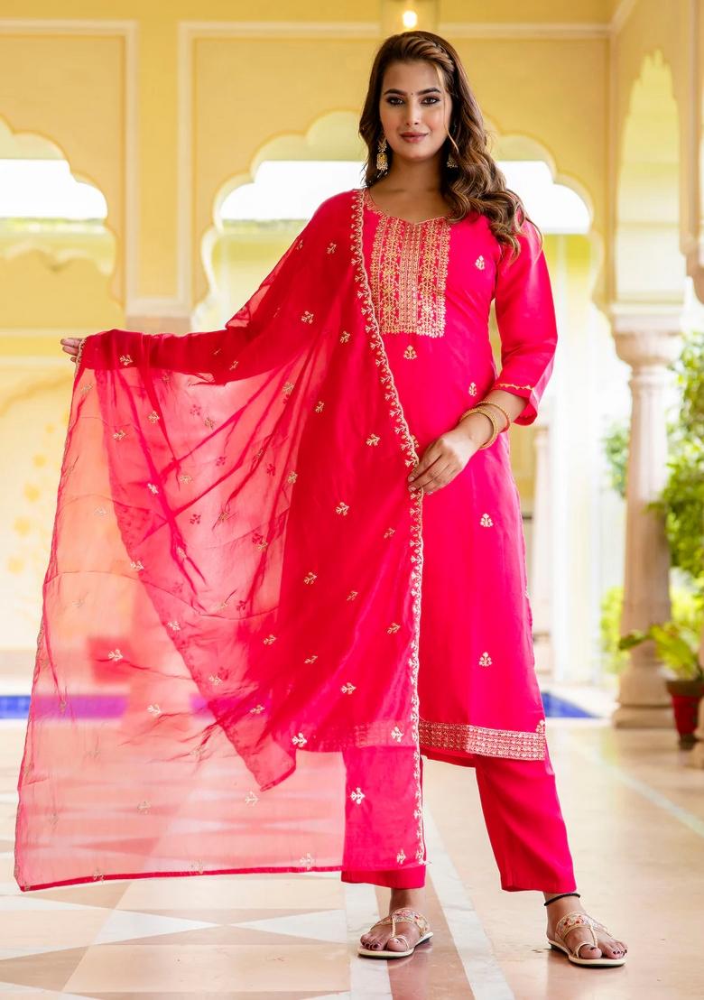 Pink Embroidered Silk Blend Kurta Set - Indya
