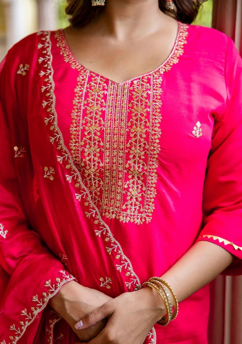 Pink Embroidered Silk Blend Kurta Set - Indya