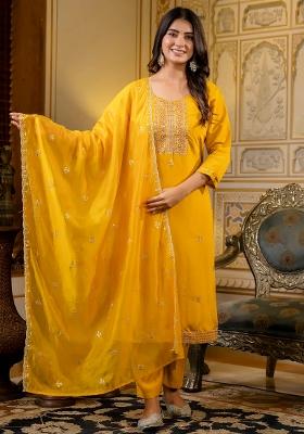 Yellow Embroidered Silk Blend Kurta Set