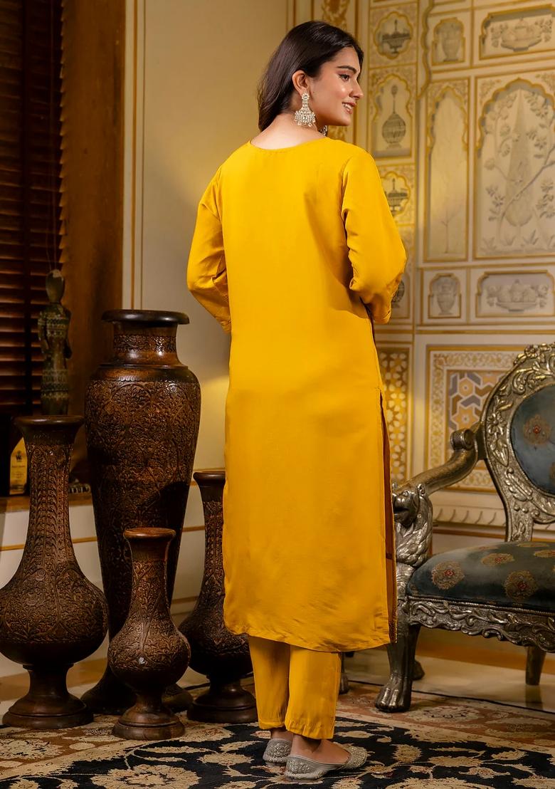Yellow Embroidered Silk Blend Kurta Set - Indya