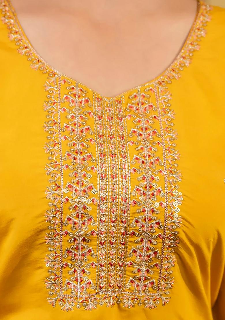 Yellow Embroidered Silk Blend Kurta Set - Indya