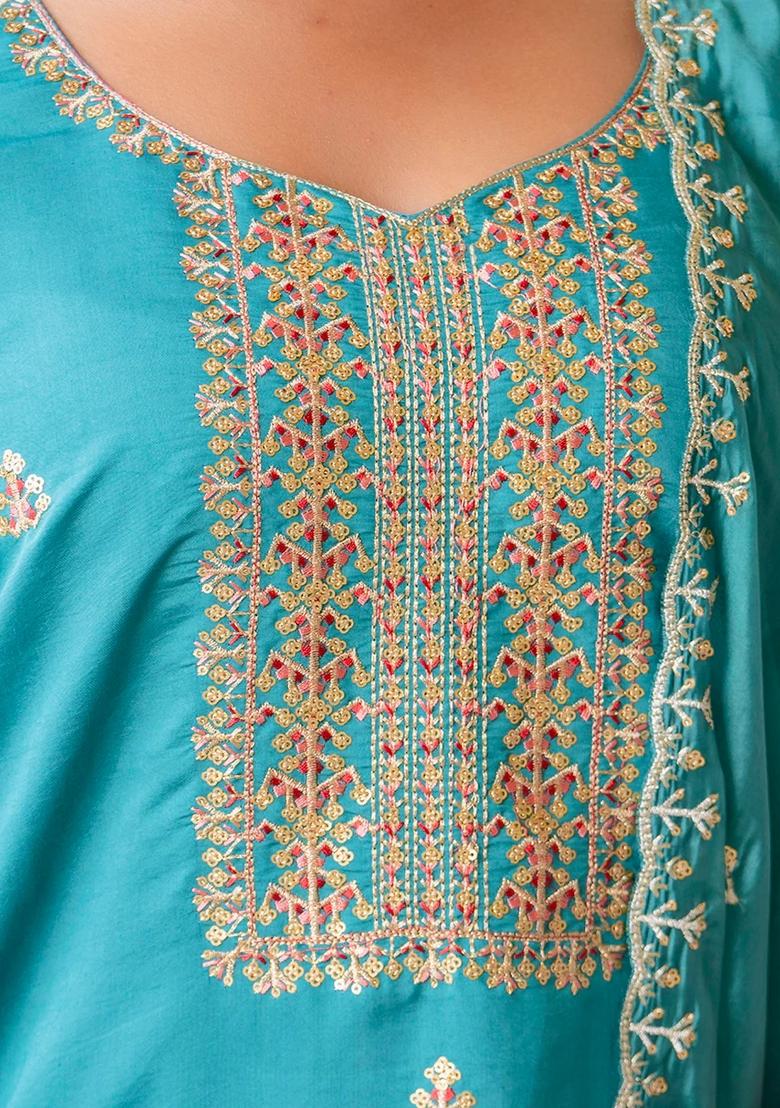 Blue Embroidered Silk Blend Kurta Set - Indya