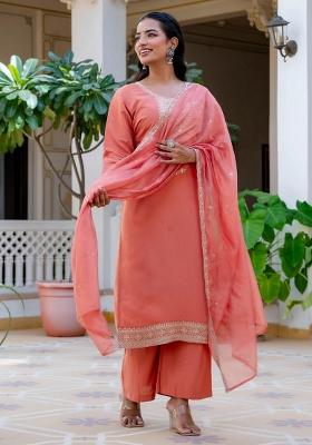 Yellow Embroidered Silk Blend Kurta Set