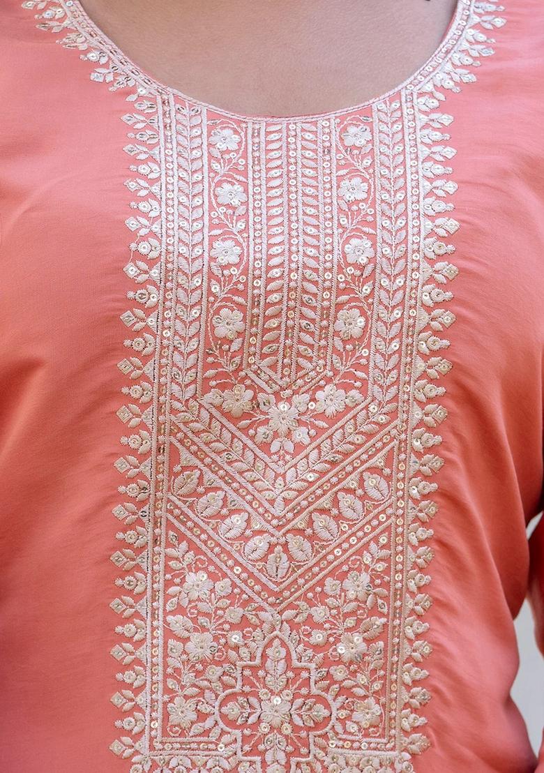 Yellow Embroidered Silk Blend Kurta Set - Indya