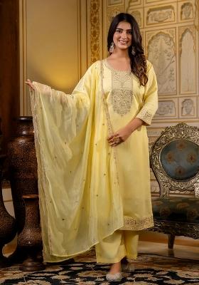 Yellow Embroidered Silk Blend Kurta Set