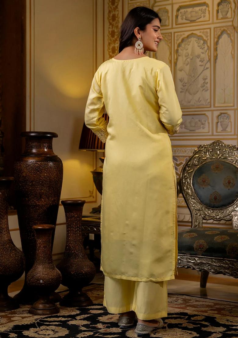 Yellow Embroidered Silk Blend Kurta Set - Indya
