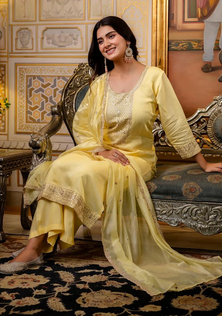 Yellow Embroidered Silk Blend Kurta Set - Indya