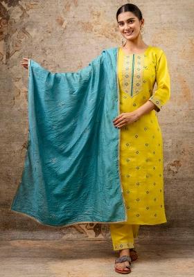 Yellow Embroidered Silk Blend Kurta Set