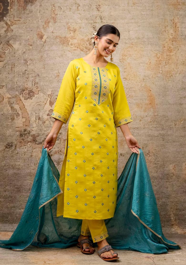 Yellow Embroidered Silk Blend Kurta Set - Indya