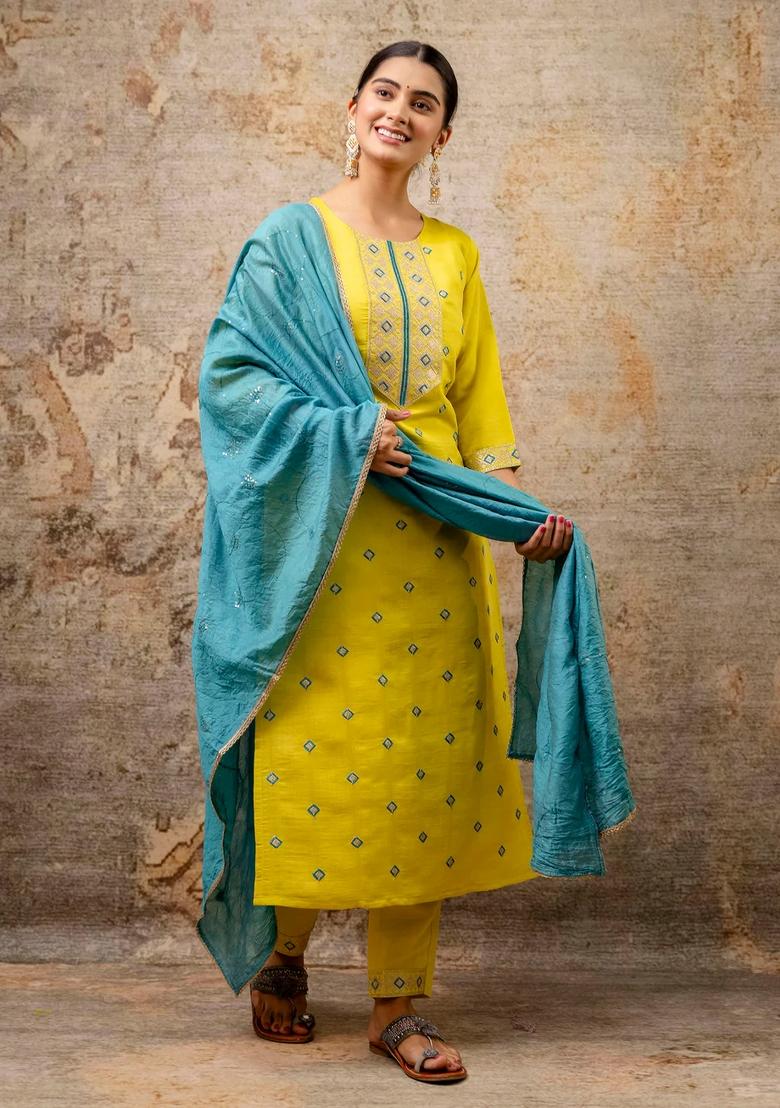 Yellow Embroidered Silk Blend Kurta Set - Indya