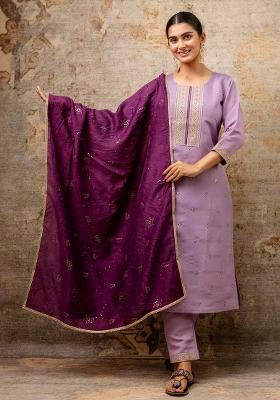 Purple Embroidered Silk Blend Kurta Set