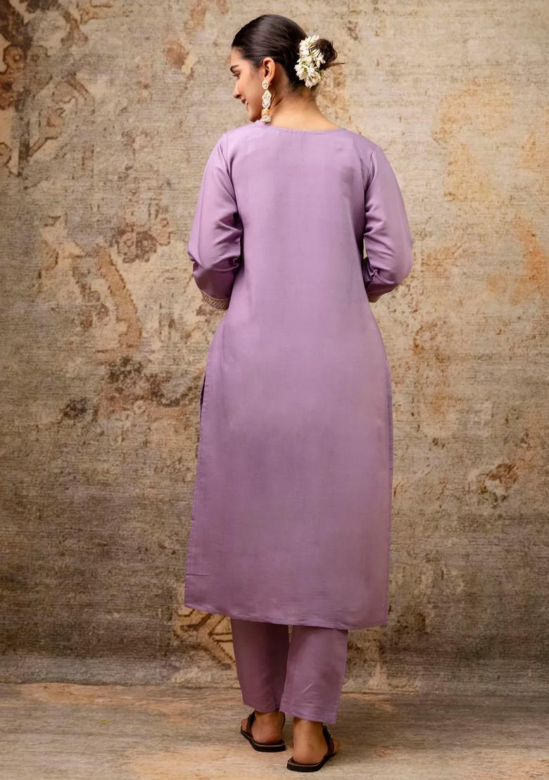 Purple Embroidered Silk Blend Kurta Set - Indya