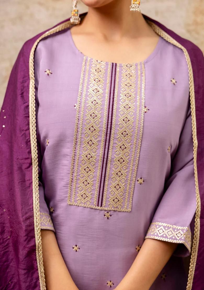 Purple Embroidered Silk Blend Kurta Set - Indya