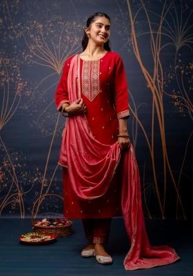Red Embroidered Silk Blend Kurta Set