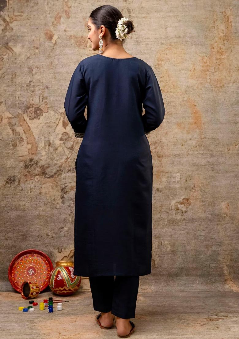 Blue Embroidered Silk Blend Kurta Set - Indya