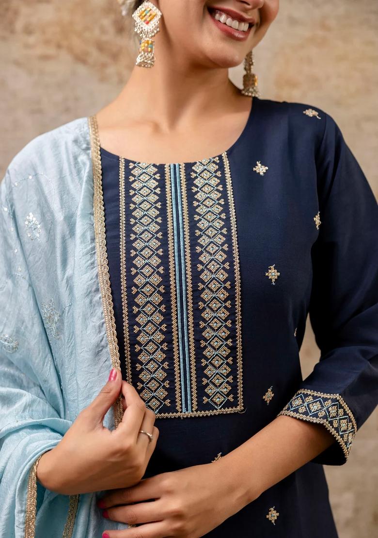 Blue Embroidered Silk Blend Kurta Set - Indya