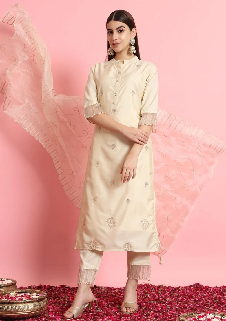 Cream Embroidered Silk Blend Kurta Set - Indya