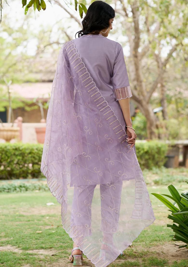 Purple Embroidered Silk Blend Kurta Set - Indya