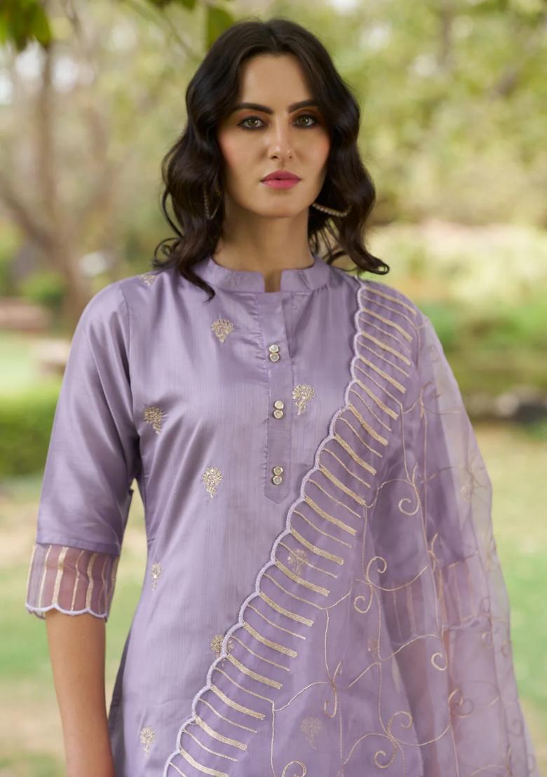 Purple Embroidered Silk Blend Kurta Set - Indya