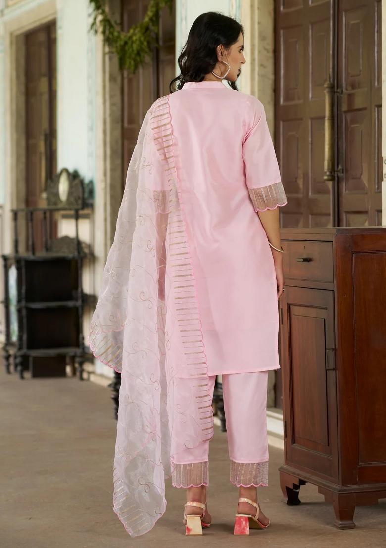 Pink Embroidered Silk Blend Kurta Set - Indya