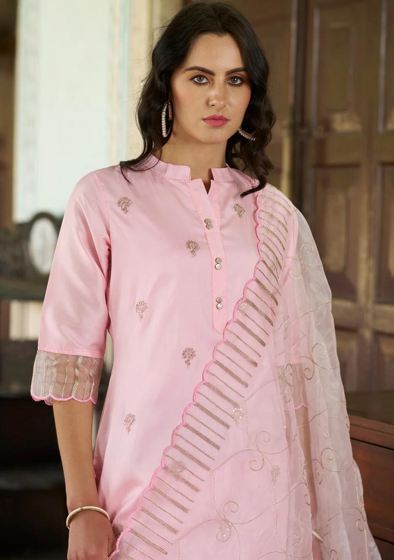 Pink Embroidered Silk Blend Kurta Set - Indya