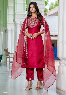 Red Embroidered Silk Blend Kurta Set