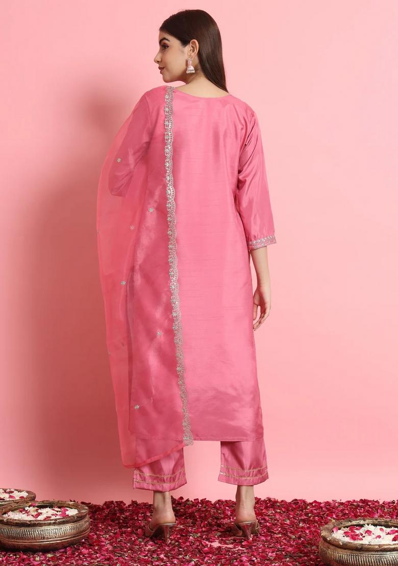 Pink Embroidered Silk Blend Kurta Set - Indya