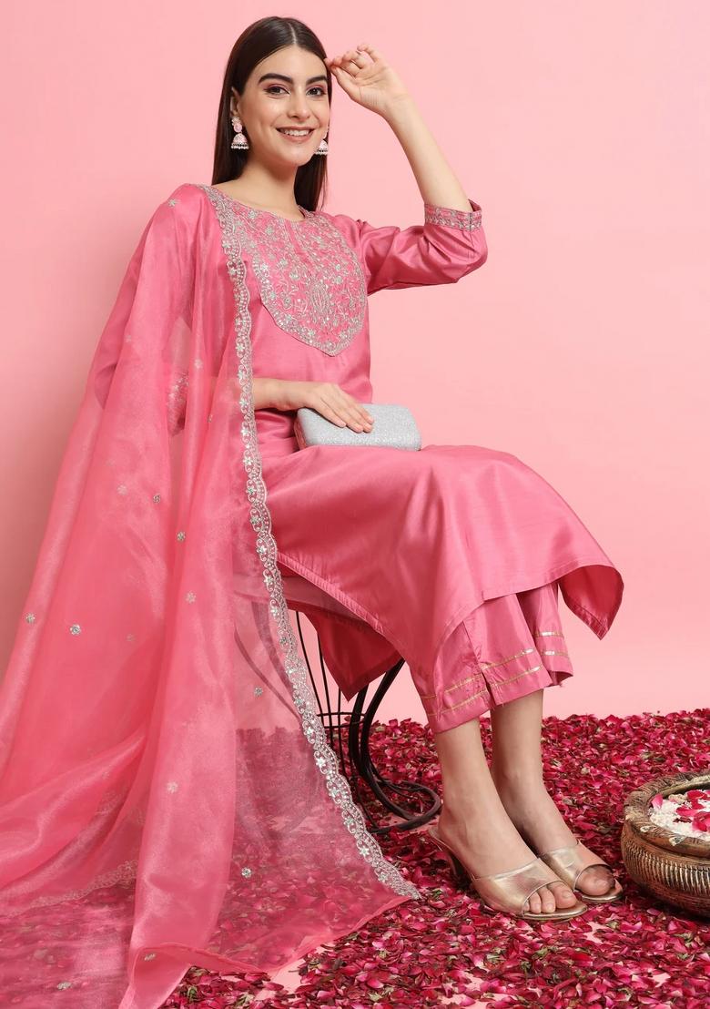 Pink Embroidered Silk Blend Kurta Set - Indya