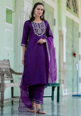 Purple Embroidered Silk Blend Kurta Set