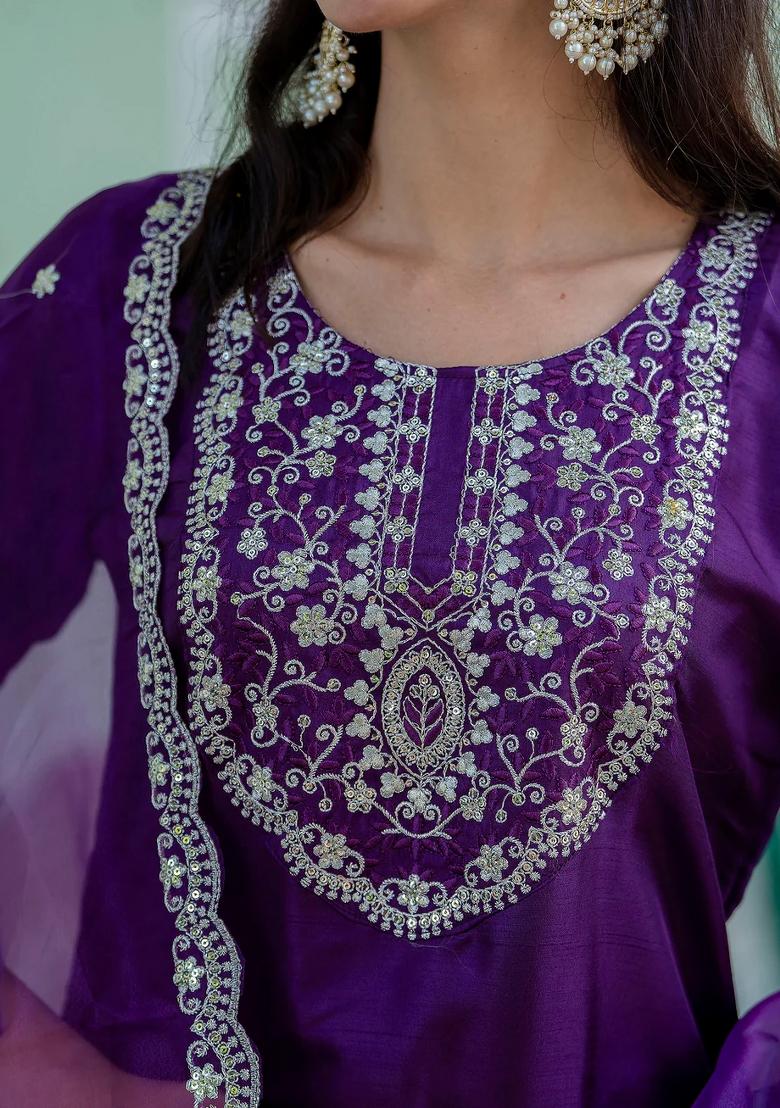 Purple Embroidered Silk Blend Kurta Set - Indya