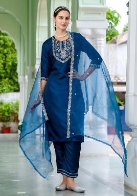 Blue Embroidered Silk Blend Kurta Set